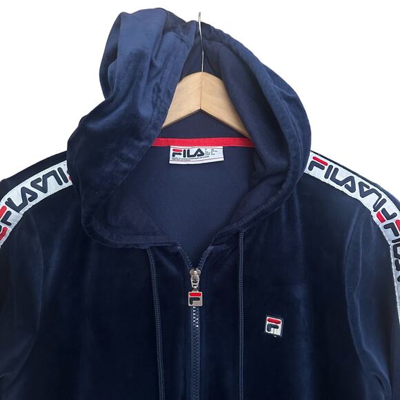 UNISEX Retro FILA Velour Track Men SZ S TOP CONDITION Hooded Navy Maureen Jacket - Picture 16 of 16
